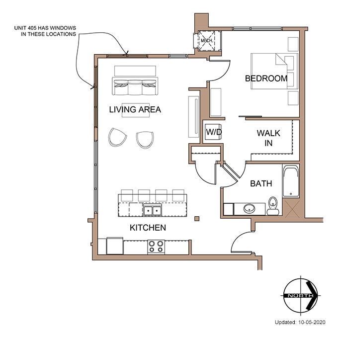 Farnam Flats - One Bedroom 'E' Apartment Floor Plan Details.